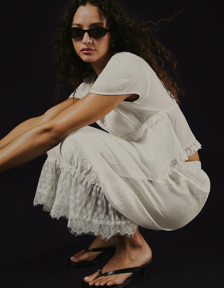 Pantalon bouffant style lingerie-Blanc cassé