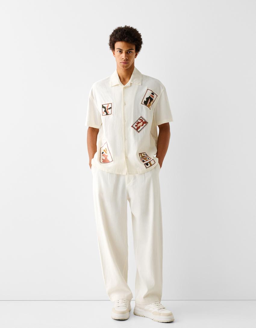 İşlemeli kısa kollu gömlek-Krem-3