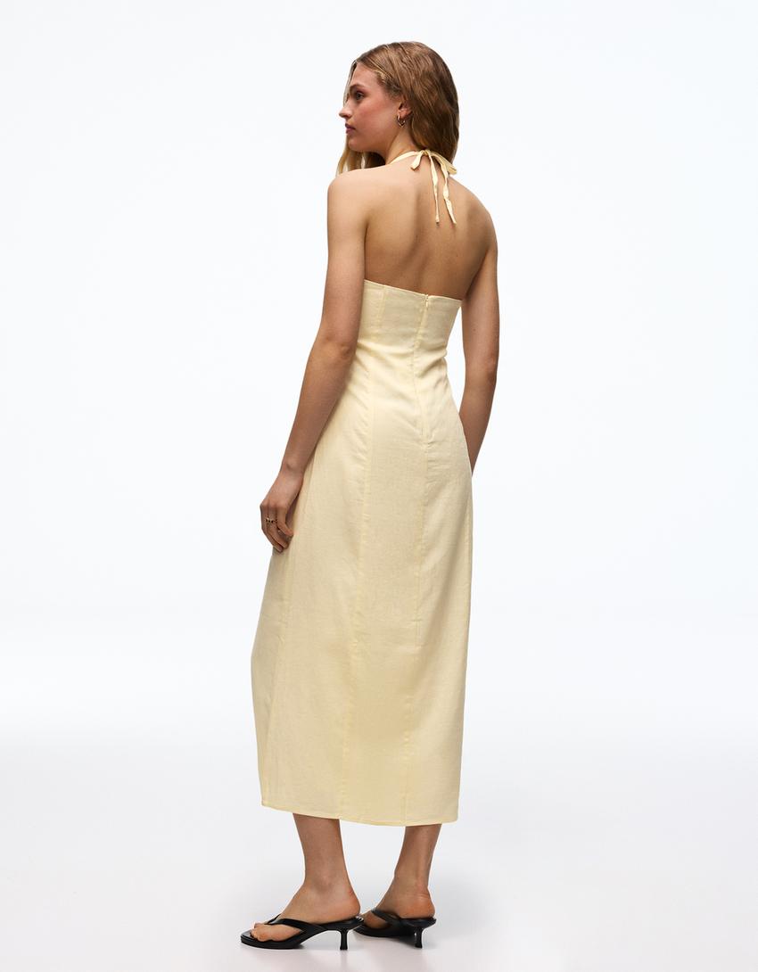 Linen blend halter midi dress-Yellow