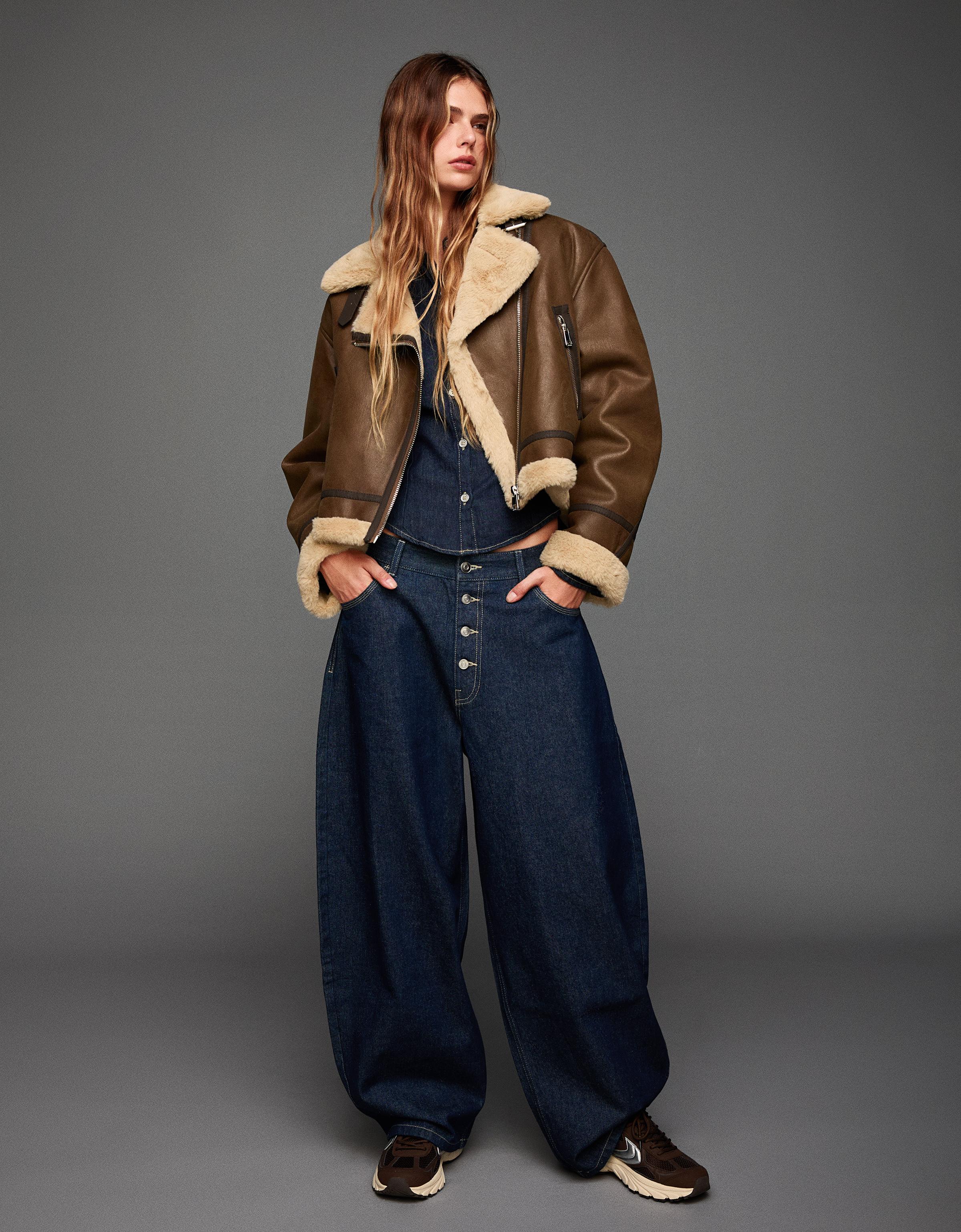Bershka Doubleface-Jacke Damen Xxs Braun