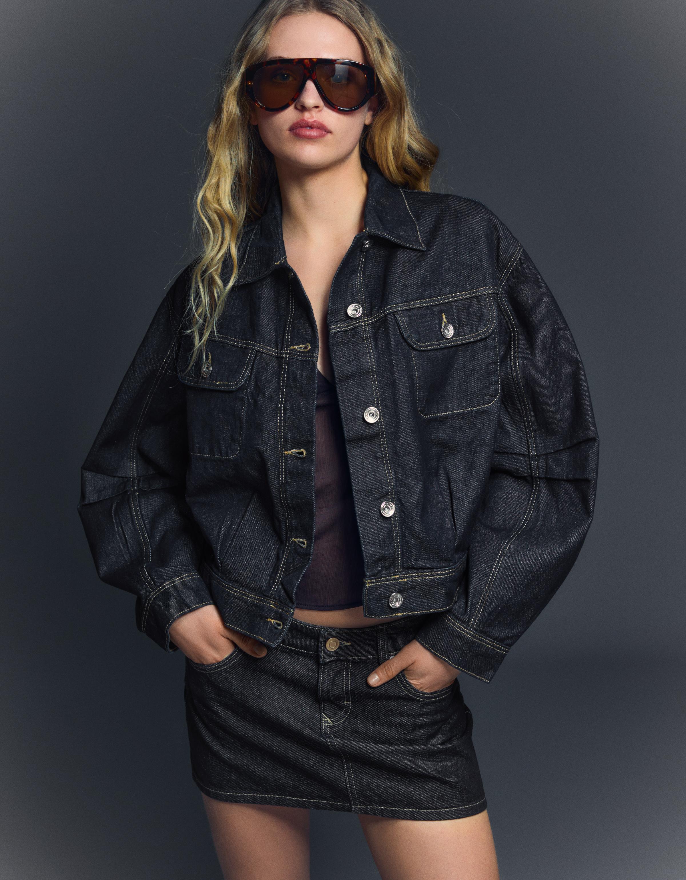 Cropped balloon denim jacket — Navy