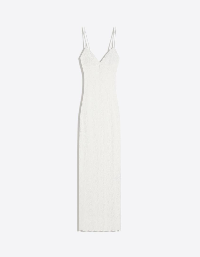 Lace strap midi dress-Off white