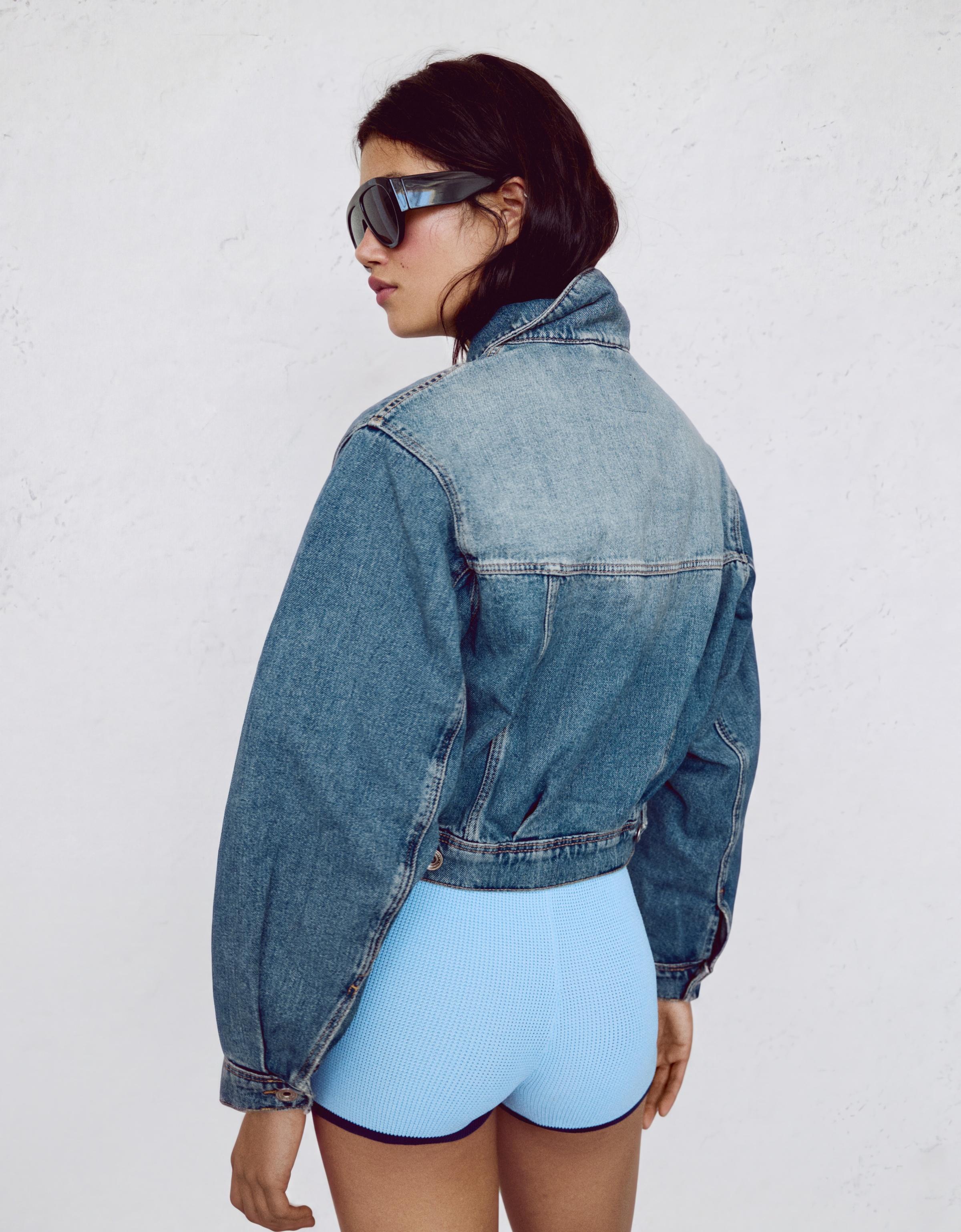 Cropped balloon denim jacket — Light blue