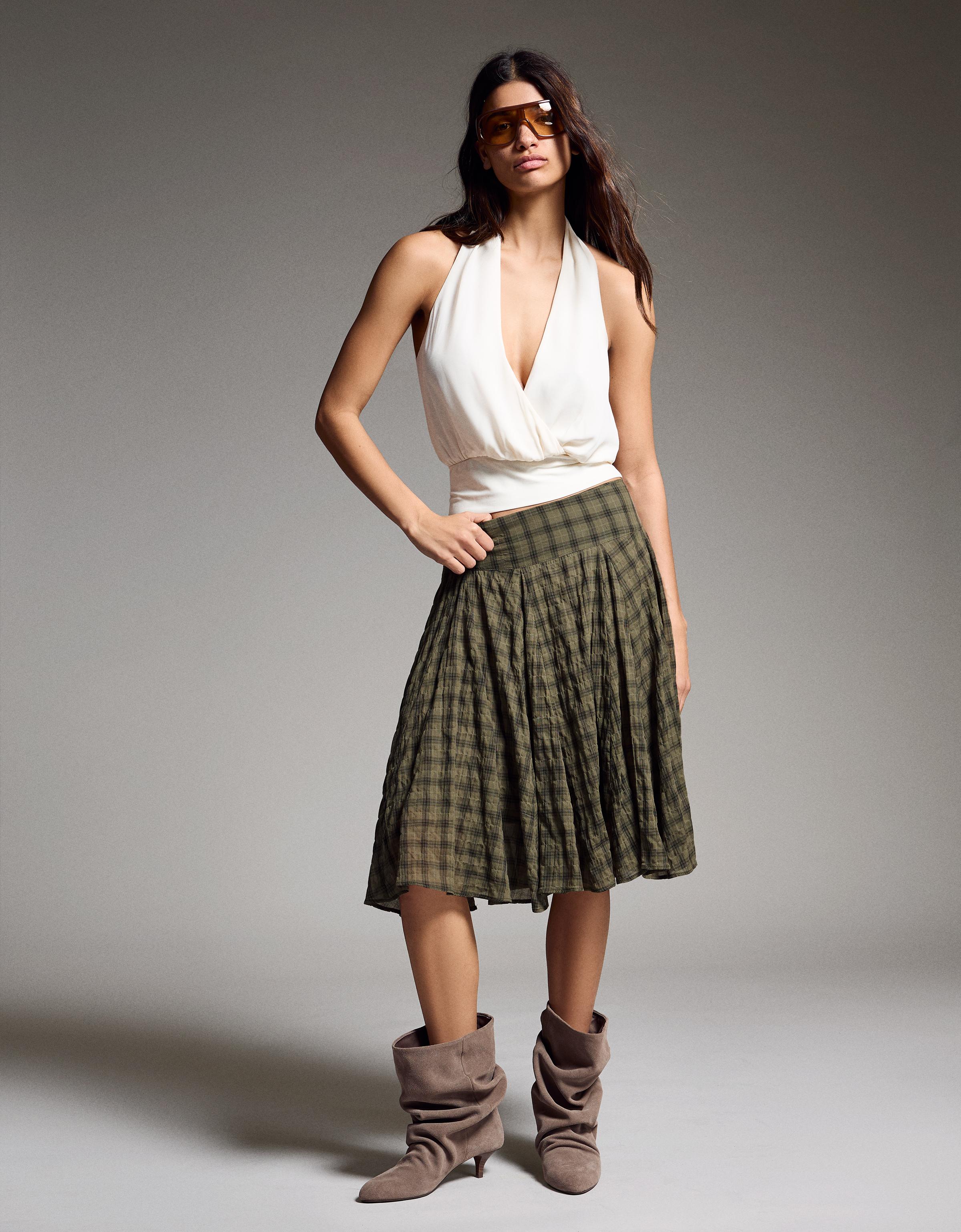 Falda Midi Volumen Cuadros Mujer M Kaki