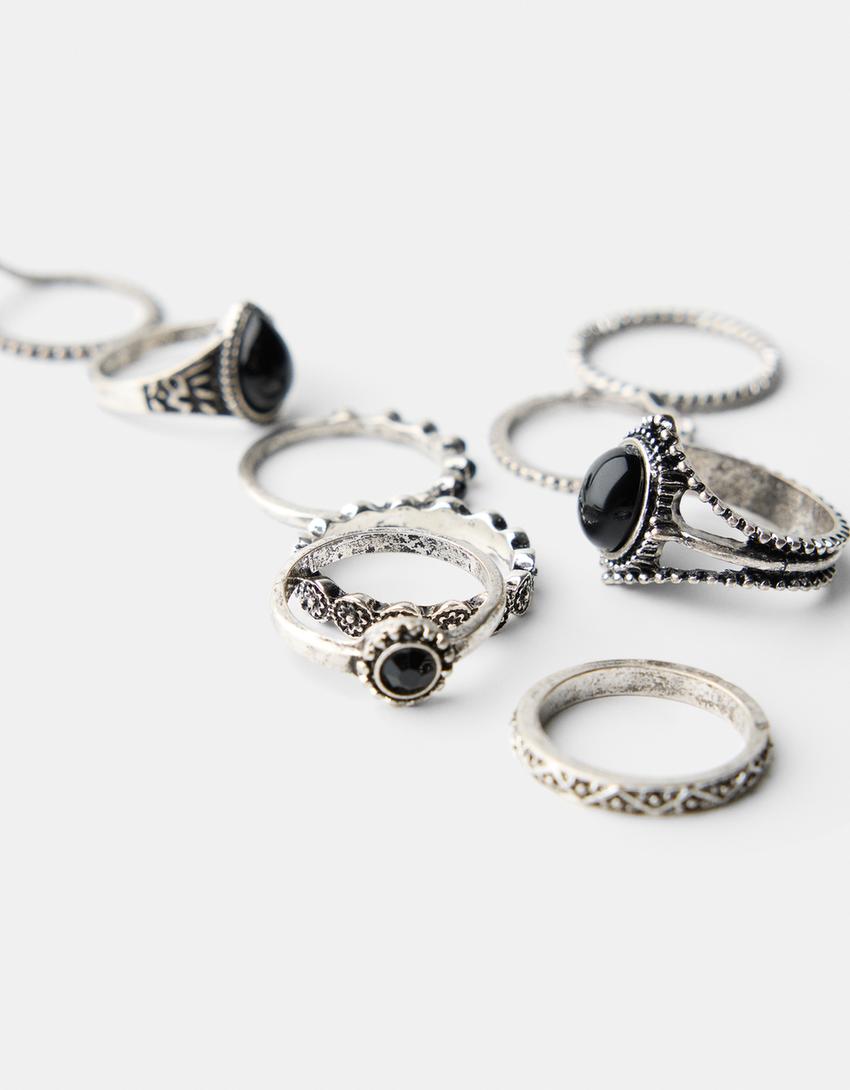 9-pack of stone rings-Silver-2