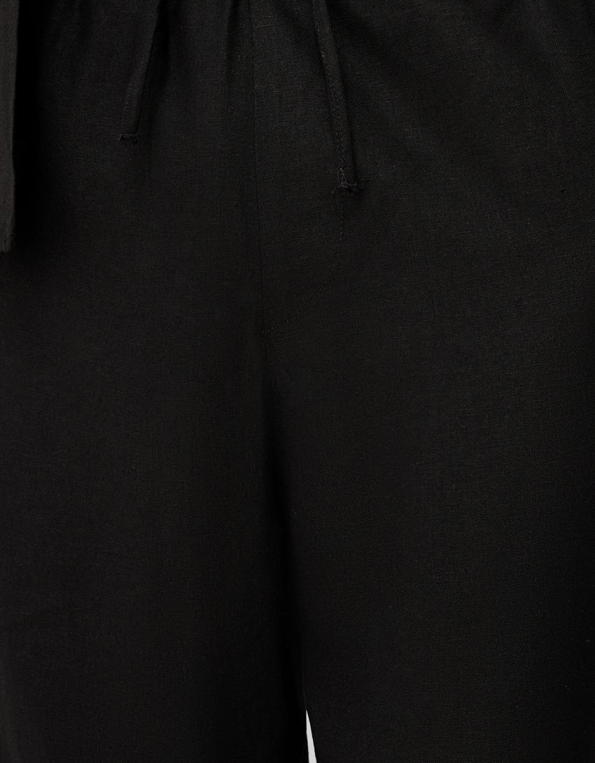 بنطال كتان واسع الساقين-أسود-5