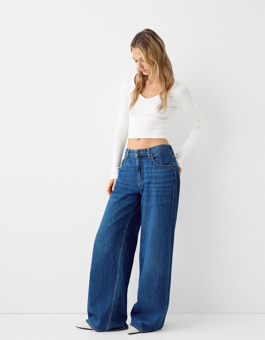 Top manches longues col en V-Blanc-3