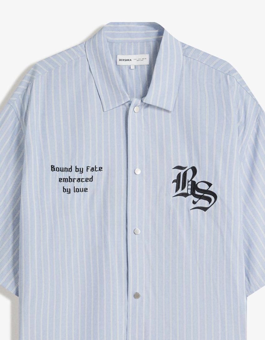 Chemise manches courtes brodée-Bleu