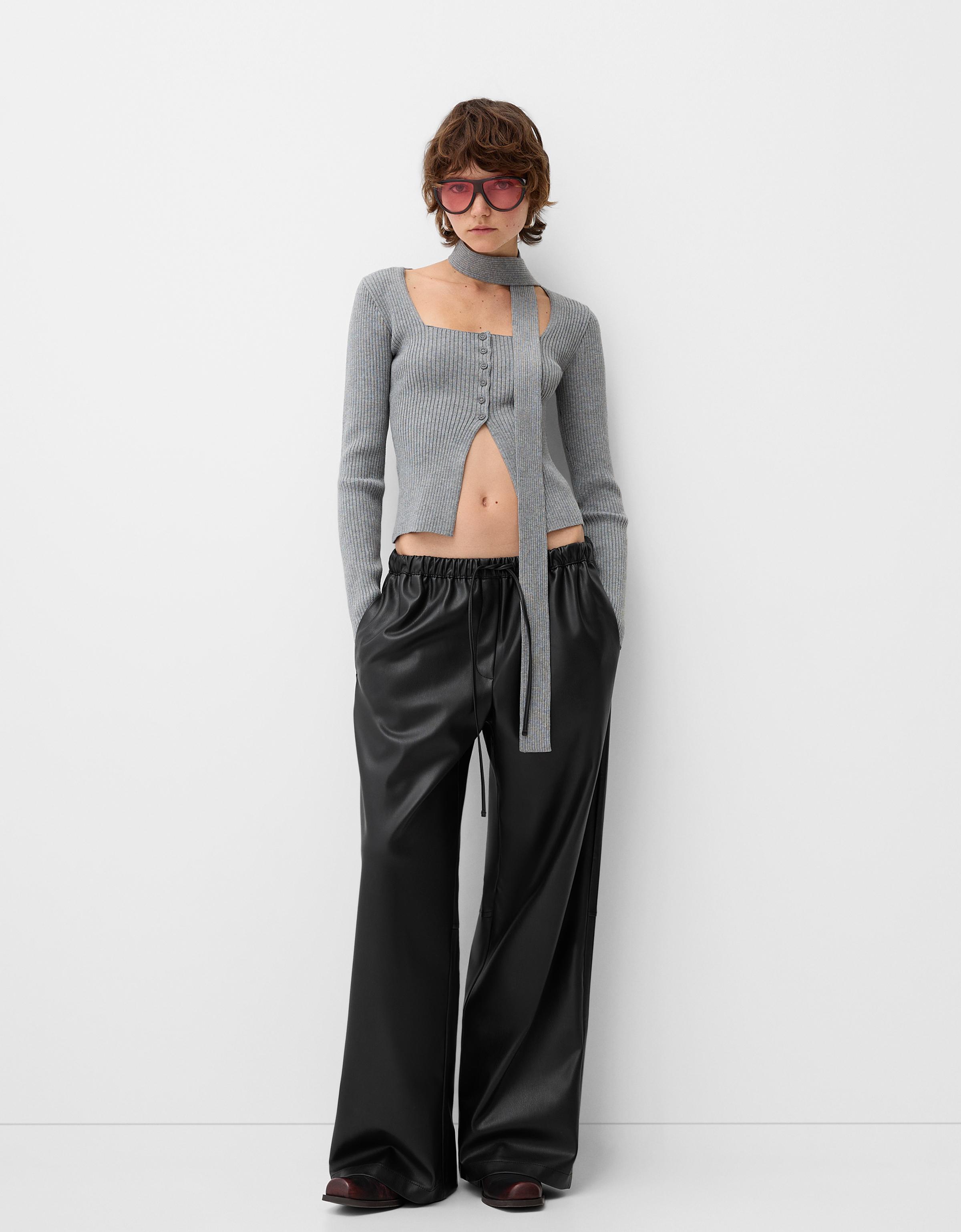 Faux leather wide leg trousers Women Bershka