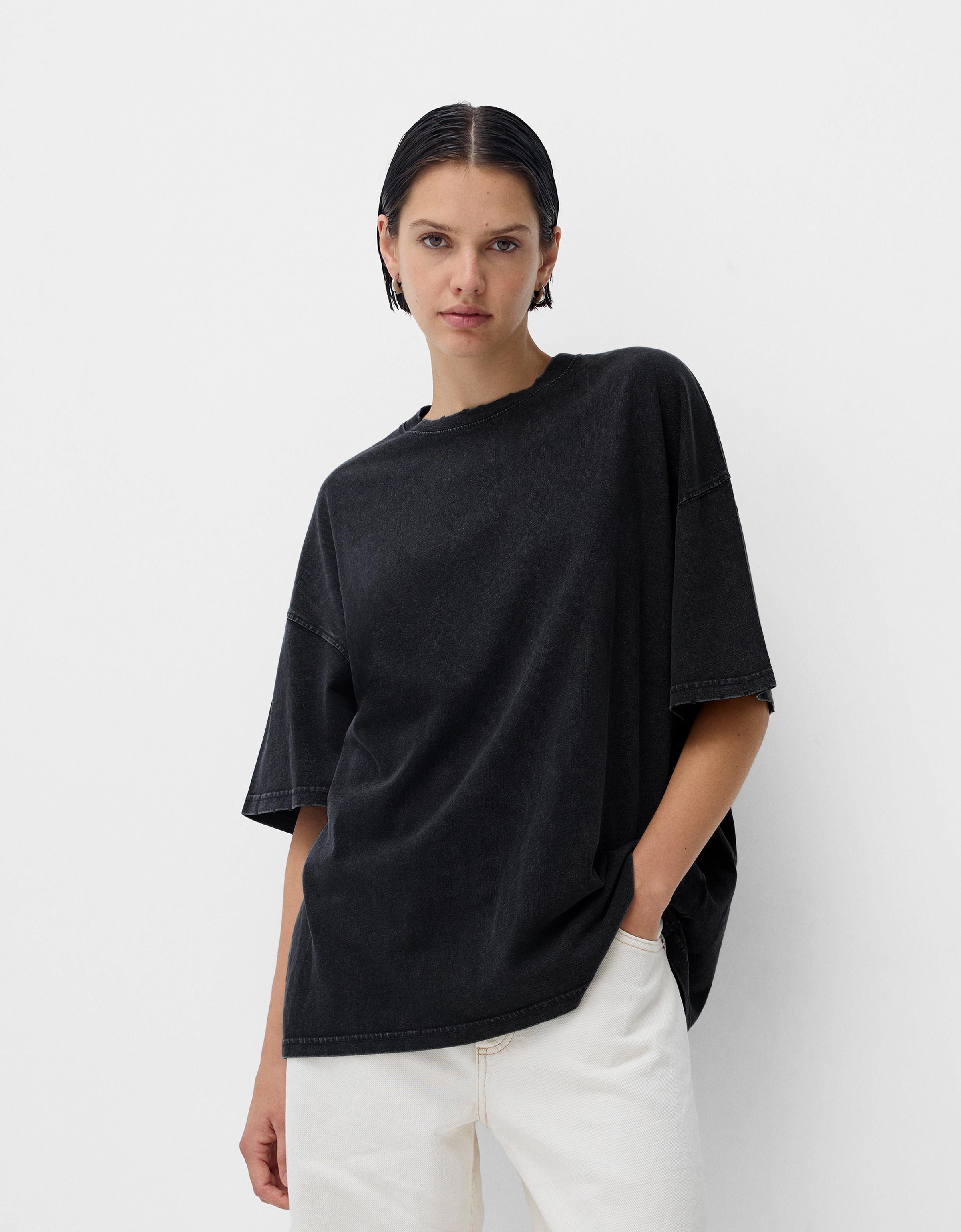 Bershka Kurzärmeliges Oversize-Shirt Damen M Grau