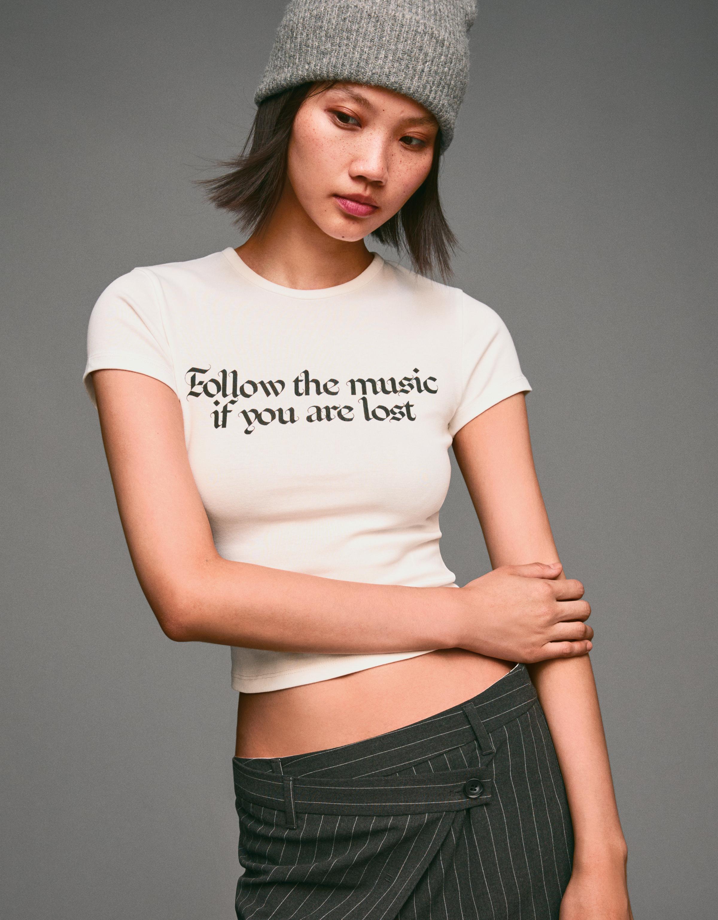 Bershka Camiseta Manga Corta Print Mujer Blanco Roto