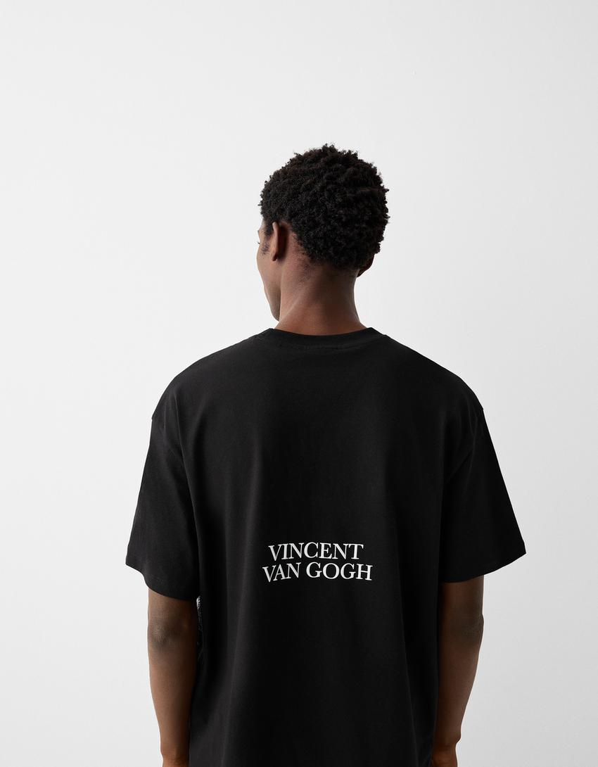 تيشرت بطبعة فينسنت فان جوخ وقصّة مربعة وأكمام قصيرة-أسود-2