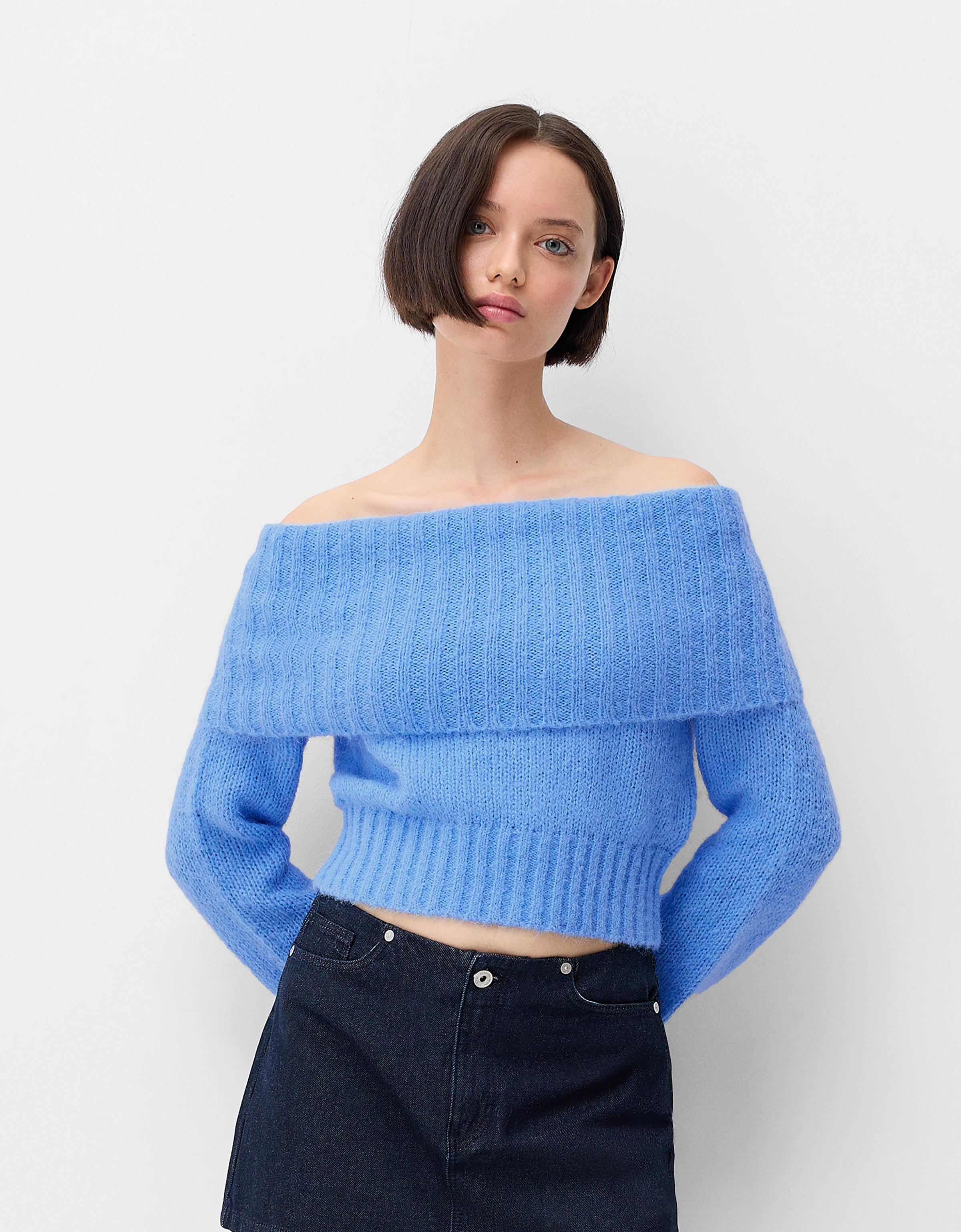 Ribbed sweater with Bardot neckline Sweaters and cardigans BSK Teen Bershka