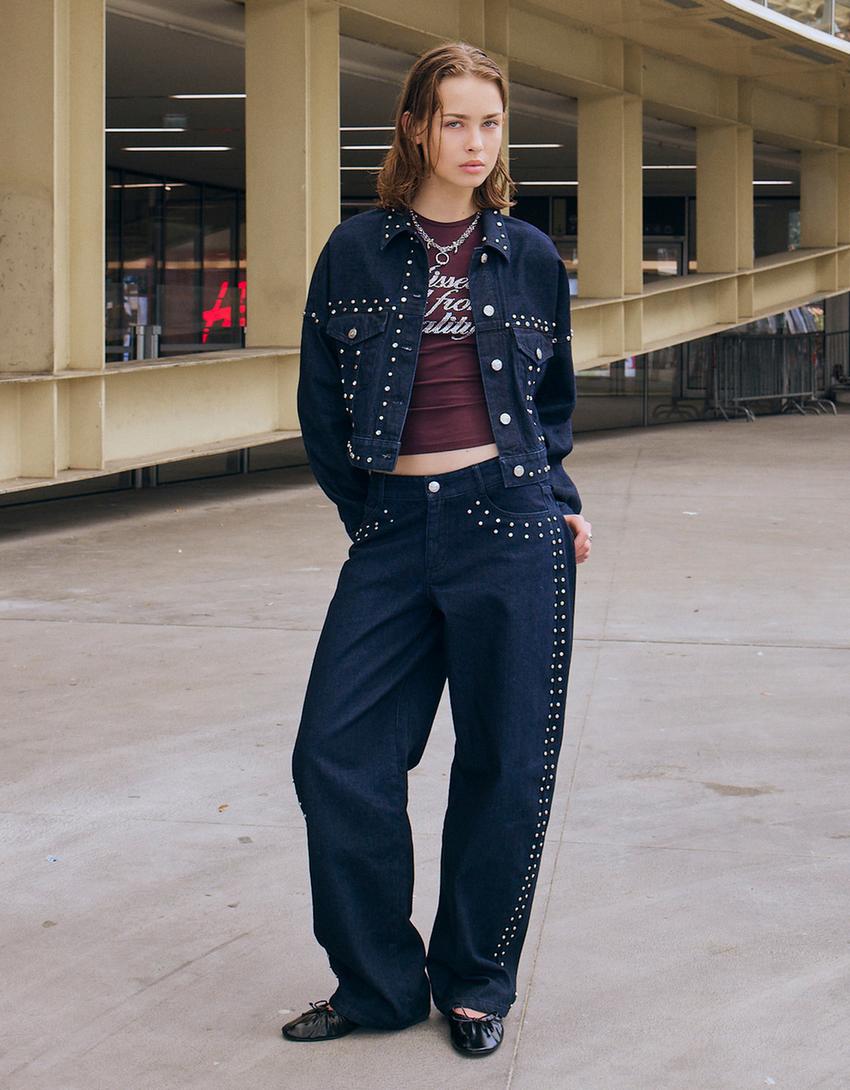 Baggy barrel jeans with studs-Navy-3