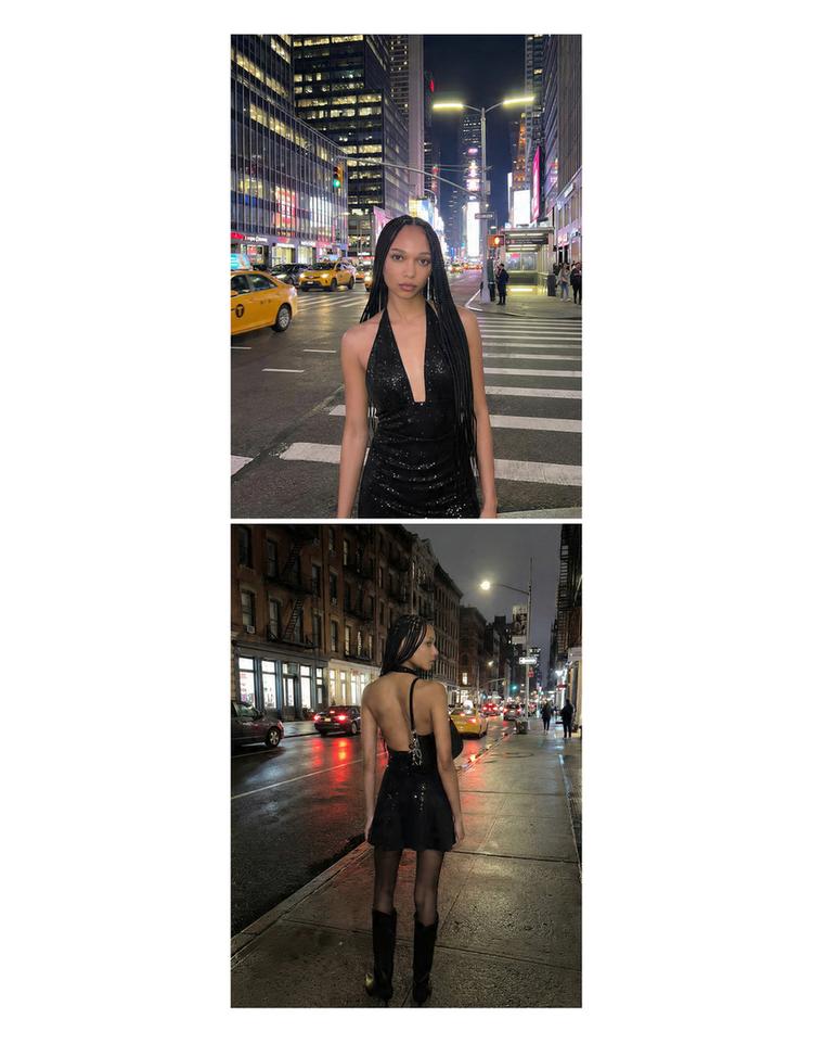 Mini shimmery ruched halter dress