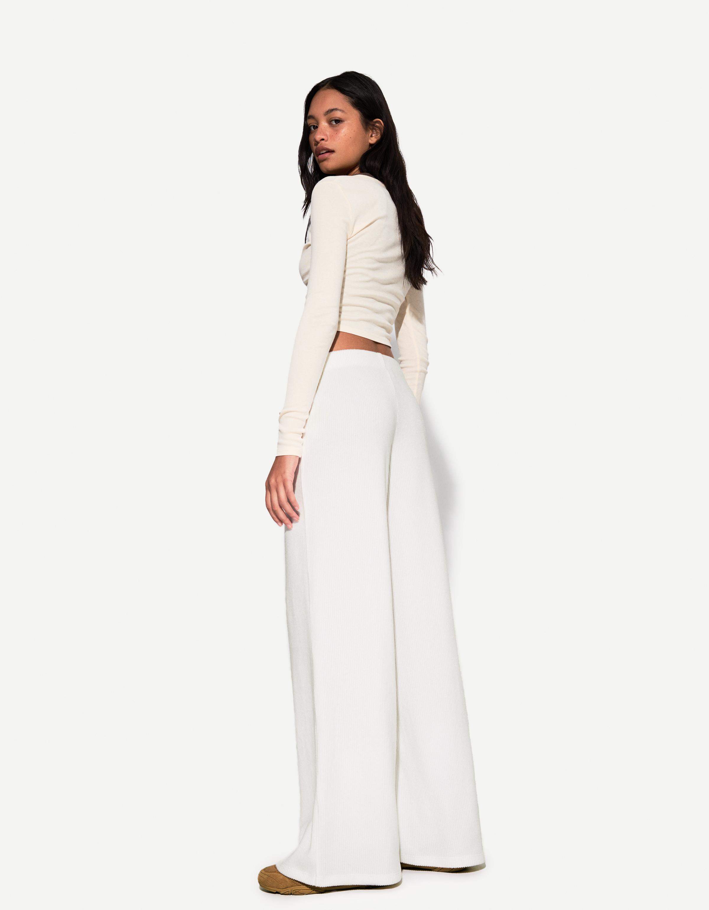 Bershka Soft Touch Hose Wide-Leg Rib Damen Xs Rohweiß