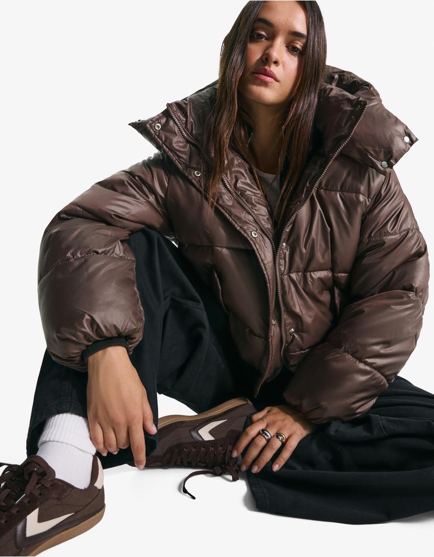 Puffer jacket with hood-Brown-2