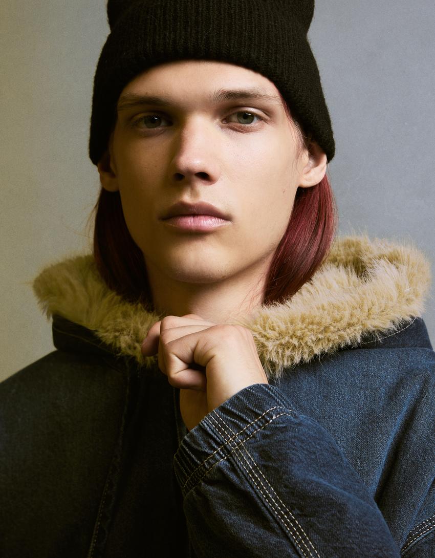 Blusão denim gola efeito de pelo-Marinho