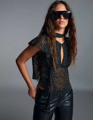 Fitted short sleeve frill shirt — Black 1