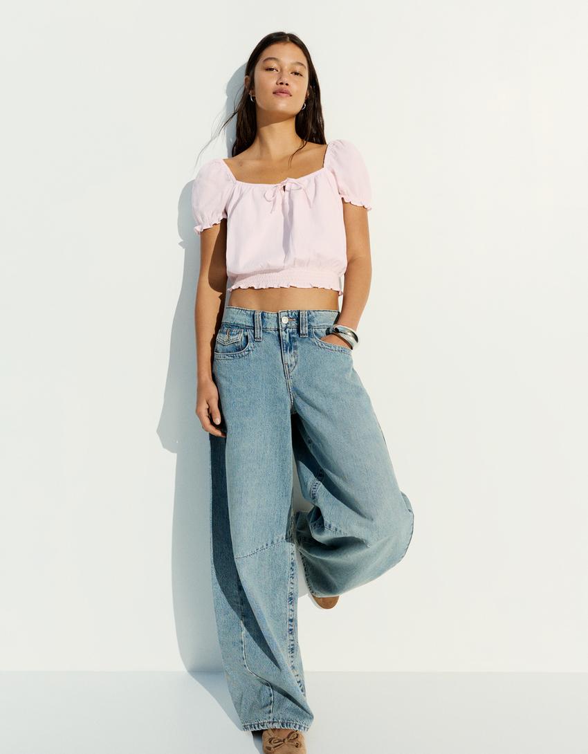 Rustic puff sleeve blouse-Pink