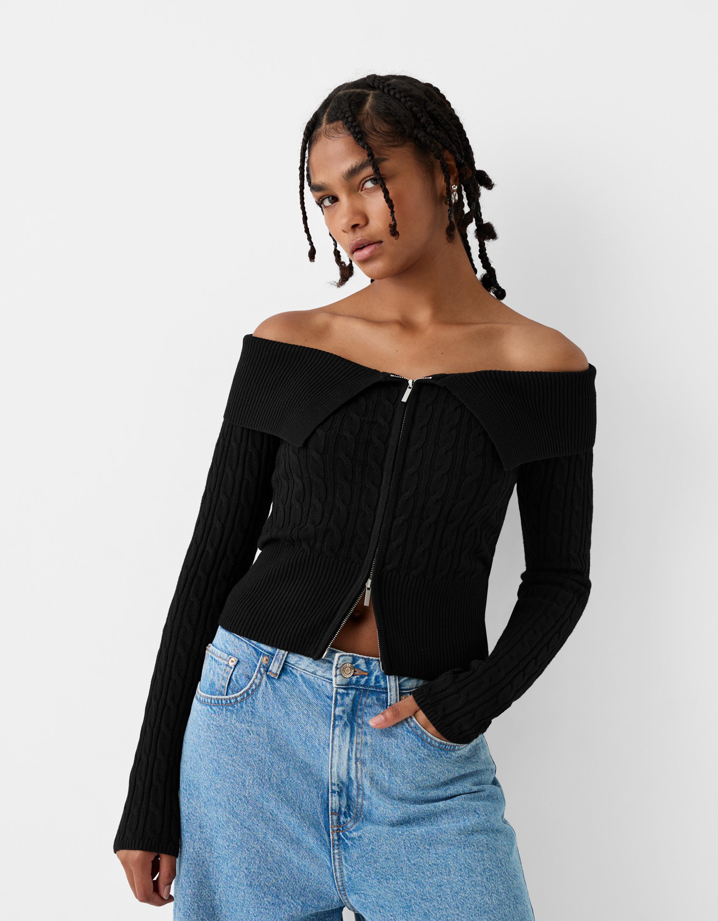 Cable-knit Bardot cardigan with zipper - Women | Bershka