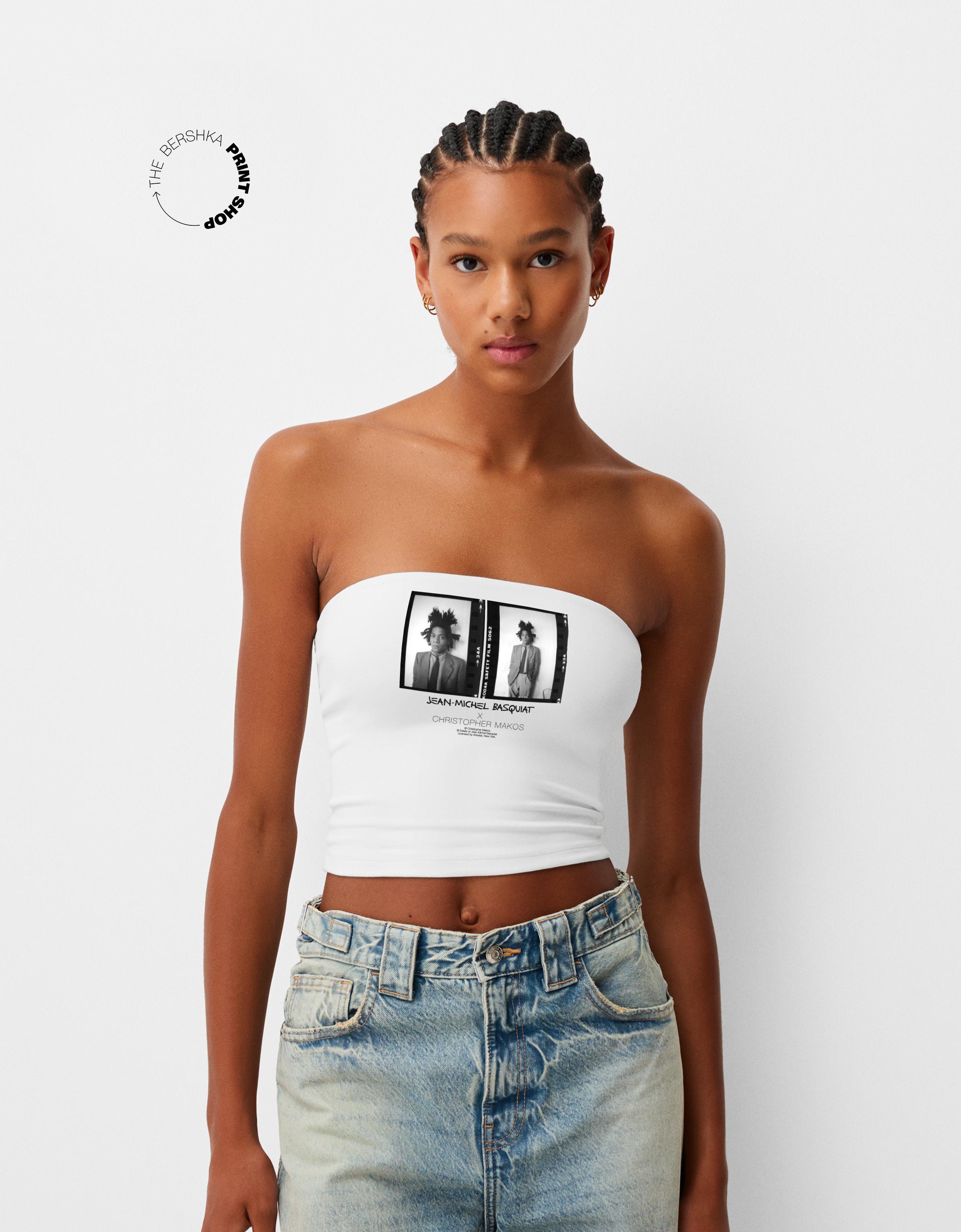 Bershka Bandeau-Top Basquiat Mit Foto By Makos Damen Xl Weiss