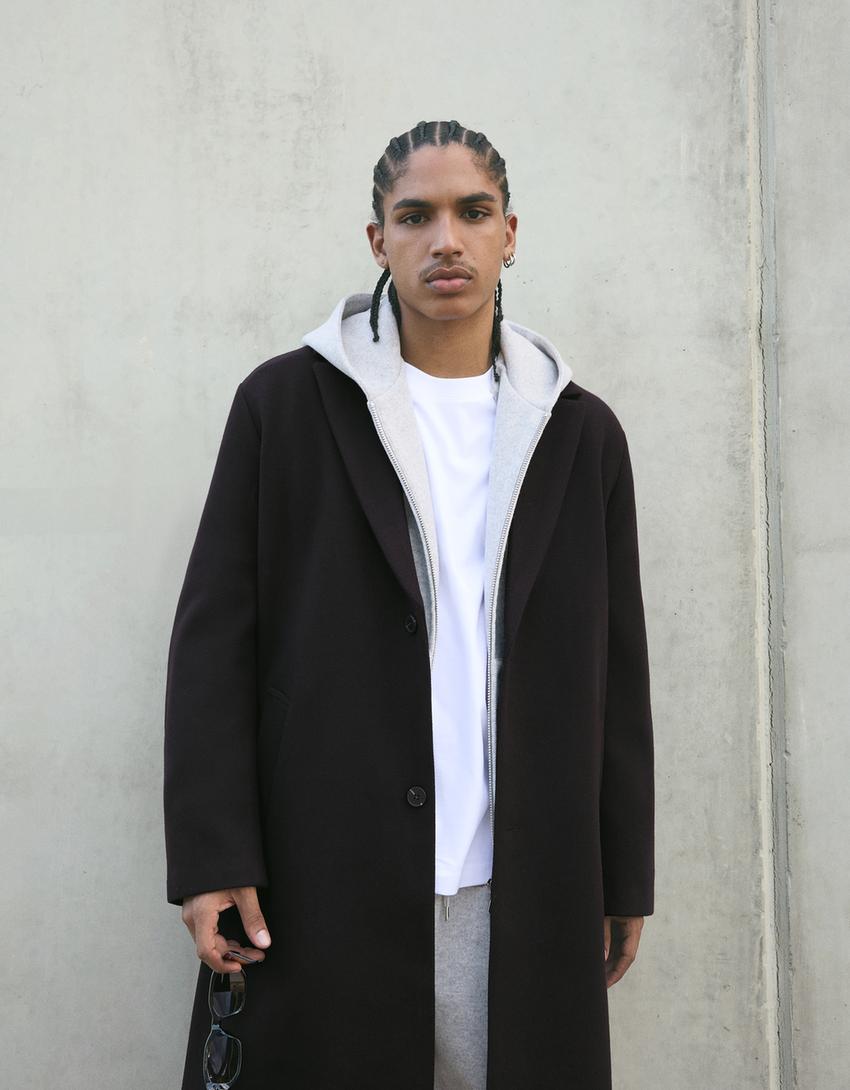 Long felt texture coat-Black