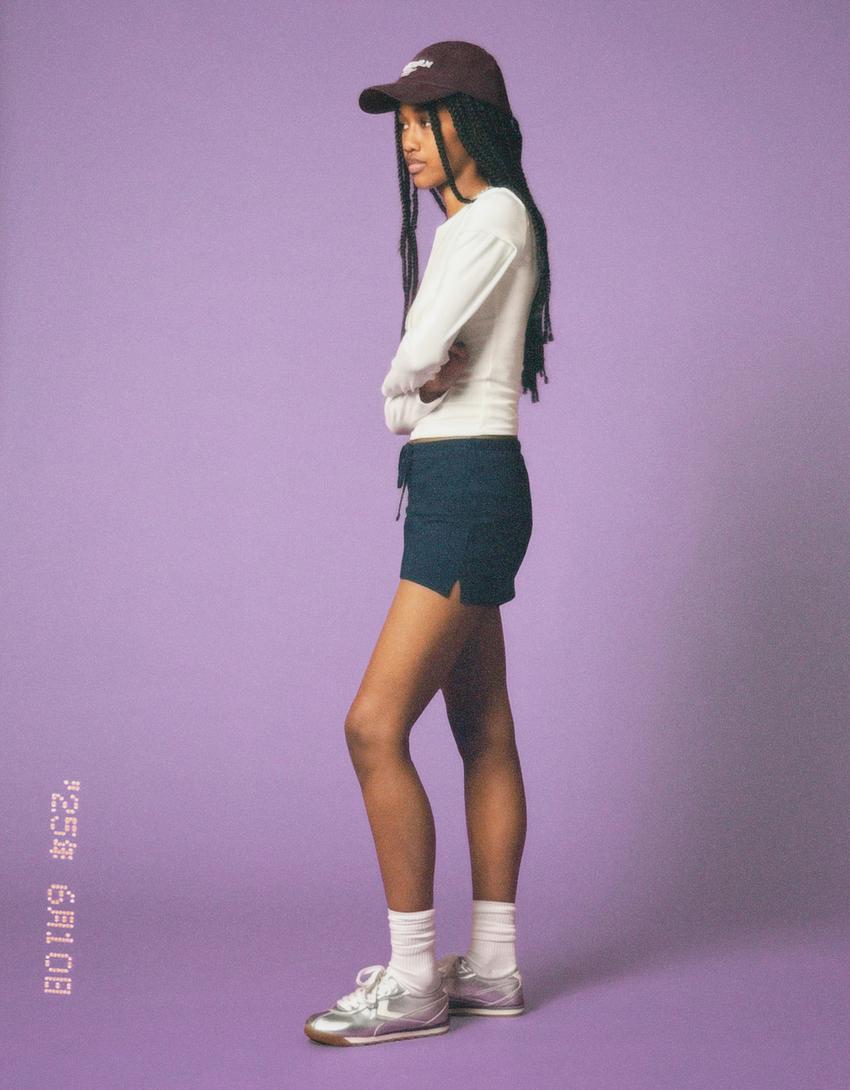 Skort with tie waistband-Navy-2