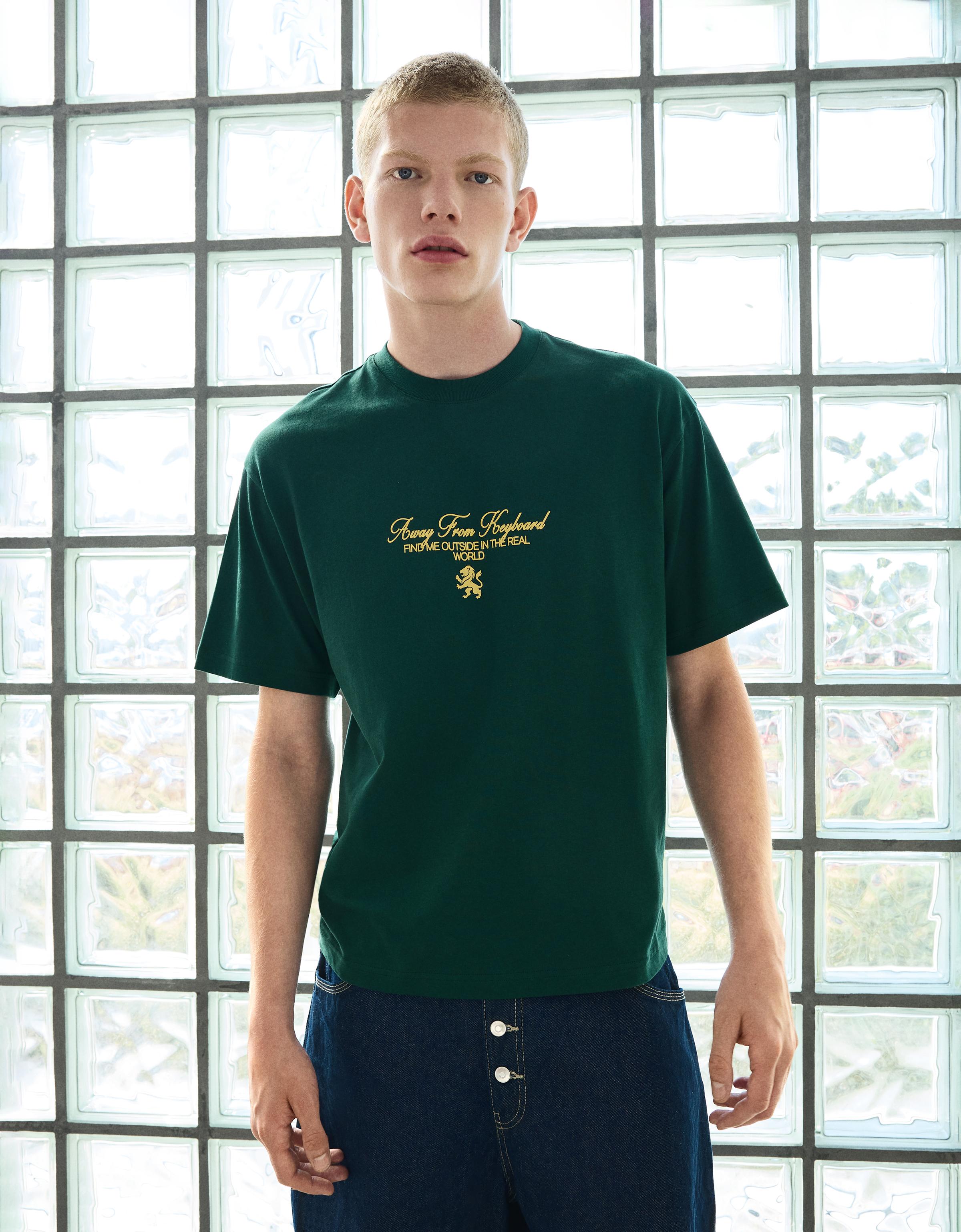 Bershka Camiseta Manga Corta Relax Print Hombre Verde