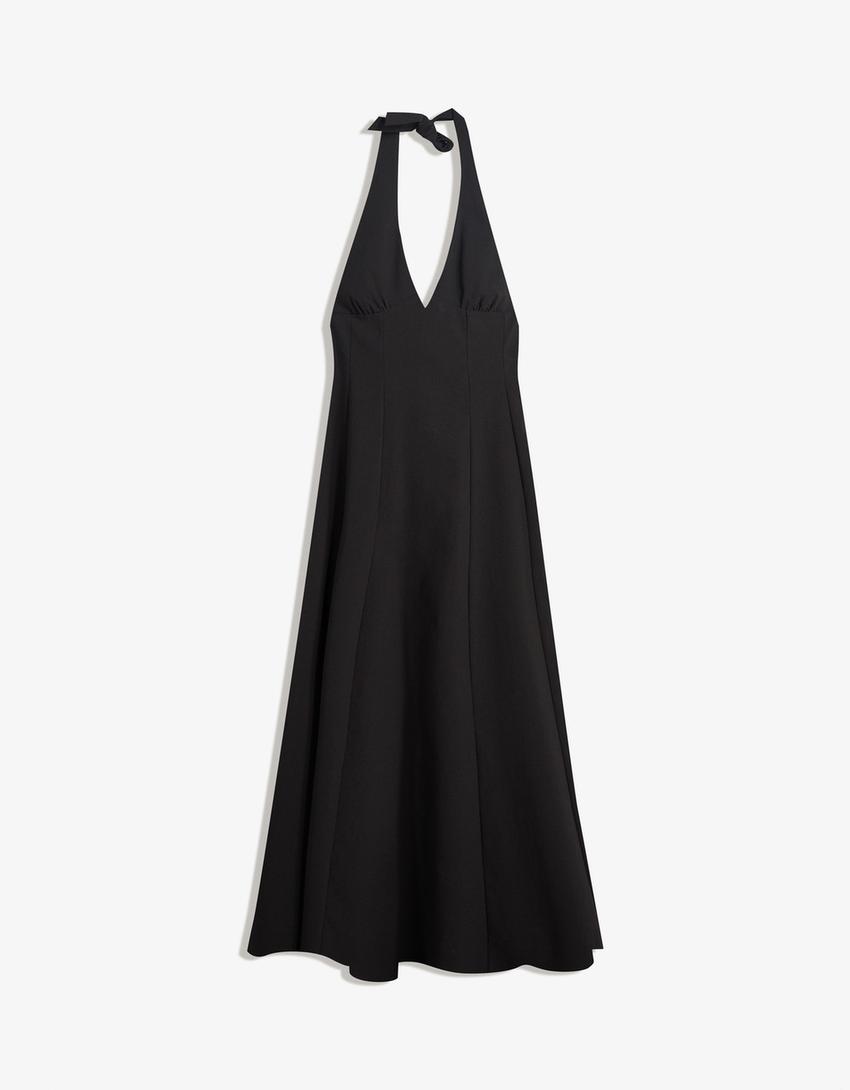 Bengaline halter midi dress-Black-3