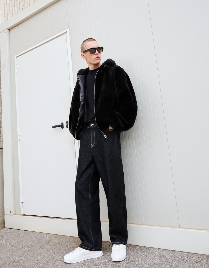 Hooded faux fur jacket-Black