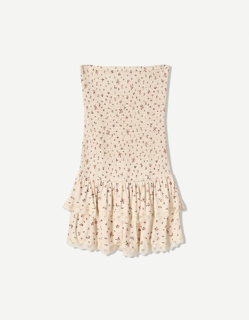 Volanlı straplez mini elbise-Kum rengi-3