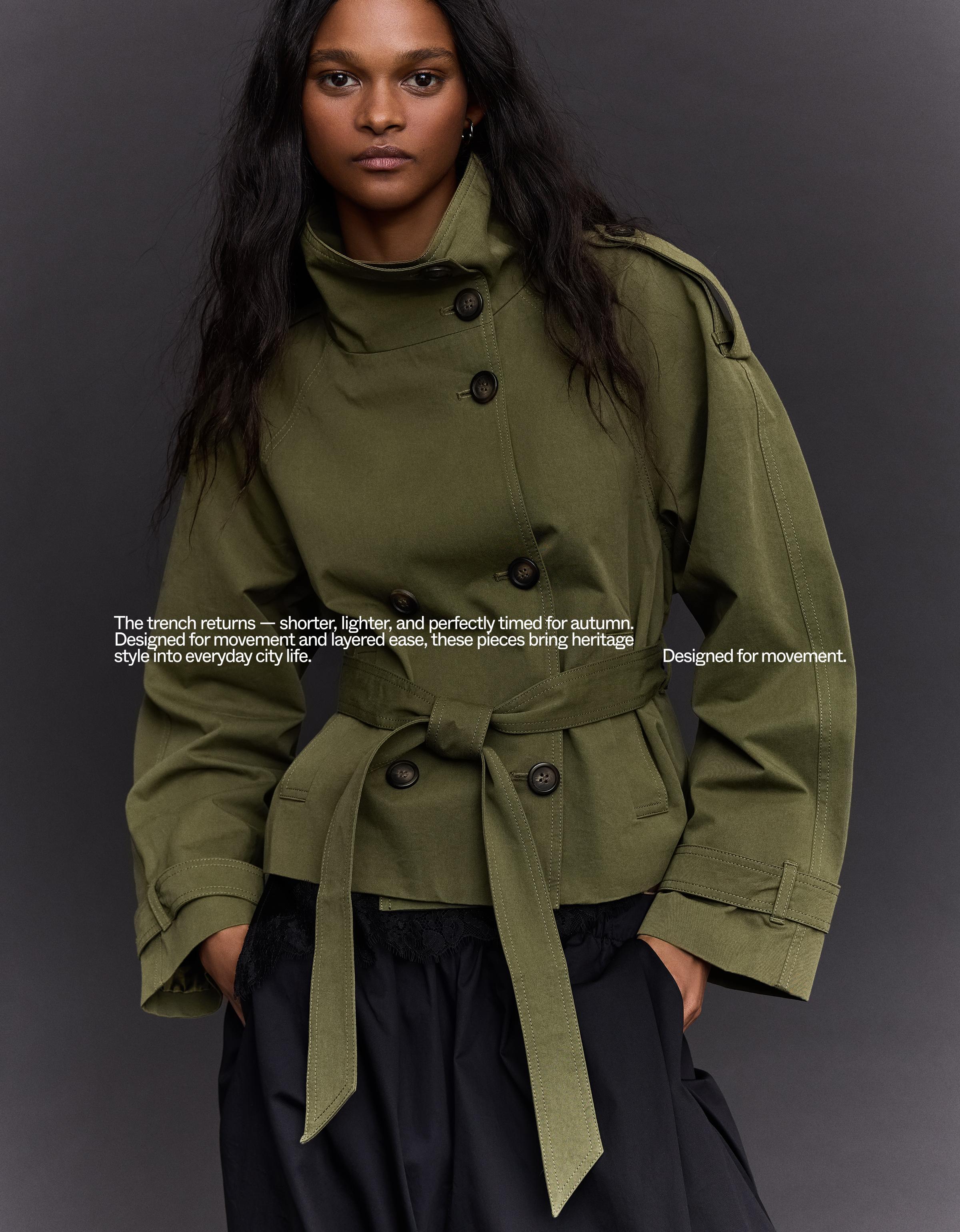 Funnel neck trench jacket — Khaki