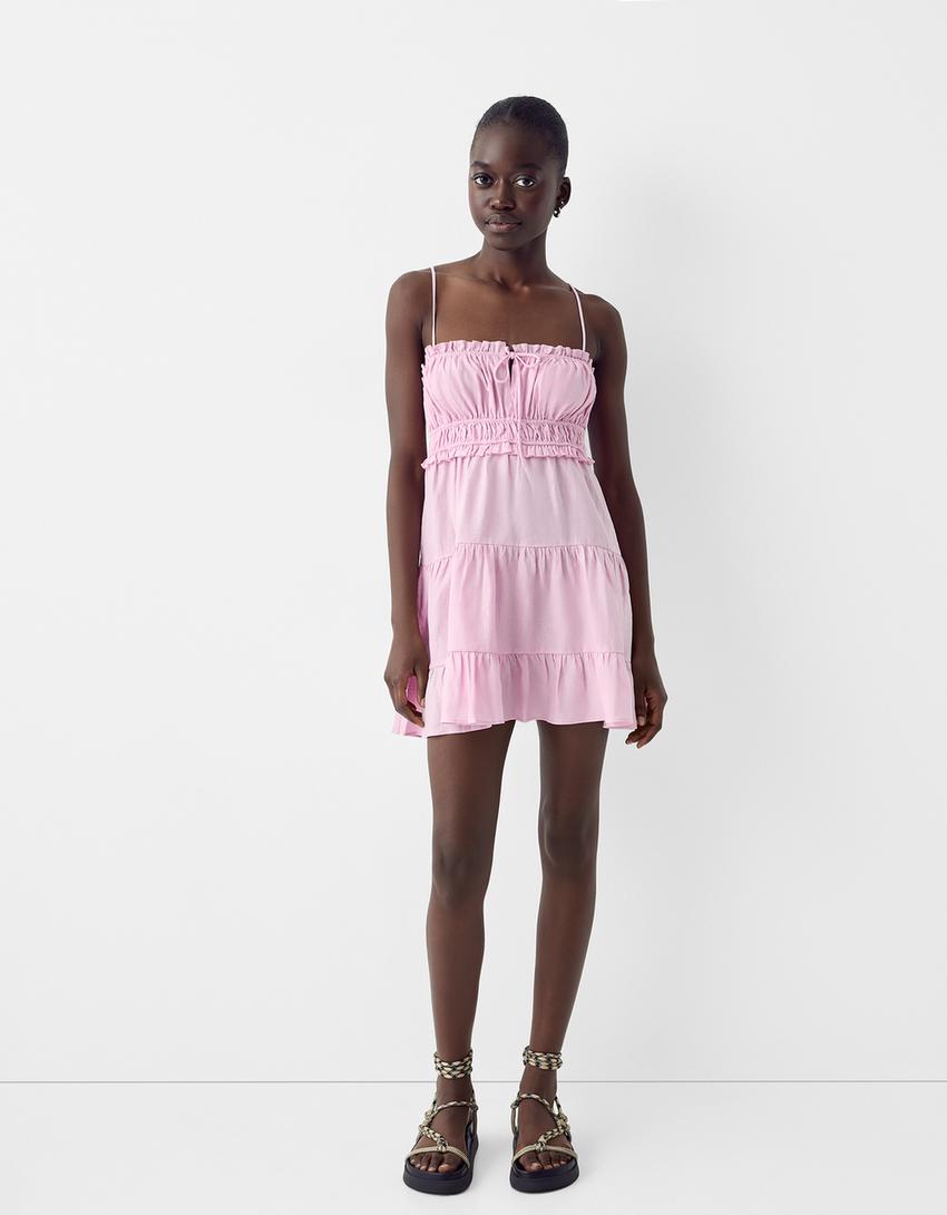 Vestido mini rústico volantes-Rosa-3
