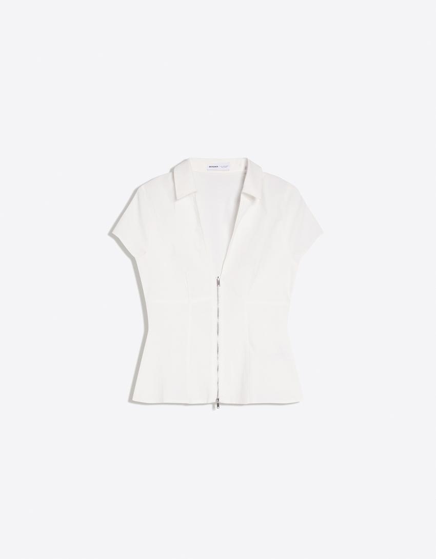 Kısa kollu fermuarlı gömlek-Beyaz