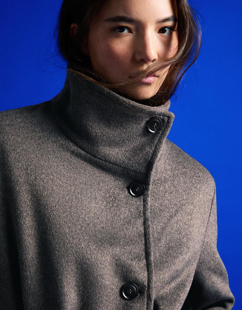 Long funnel neck coat with belt-Dark grey