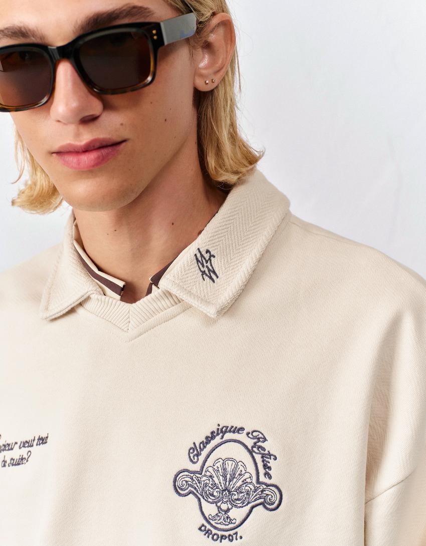 Polo à manches longues imprimé-Écru