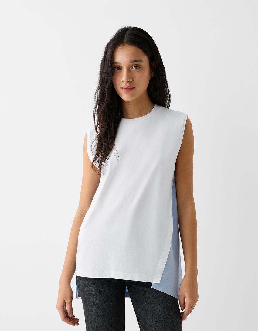 تيشرت فضفاض بدون أكمام من نسيج متباين-أبيض-1