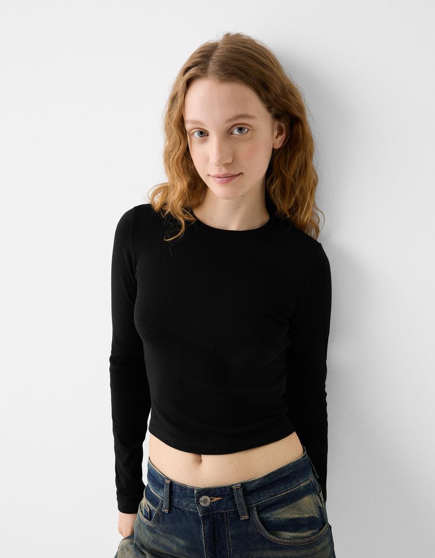 Long sleeve T-shirt with a crew neck-Black-2