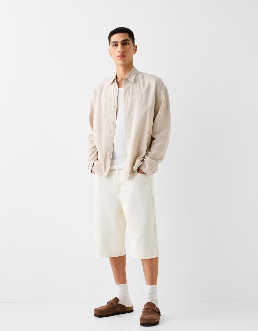 Chemise manches longues loose fit lin-Beige-3