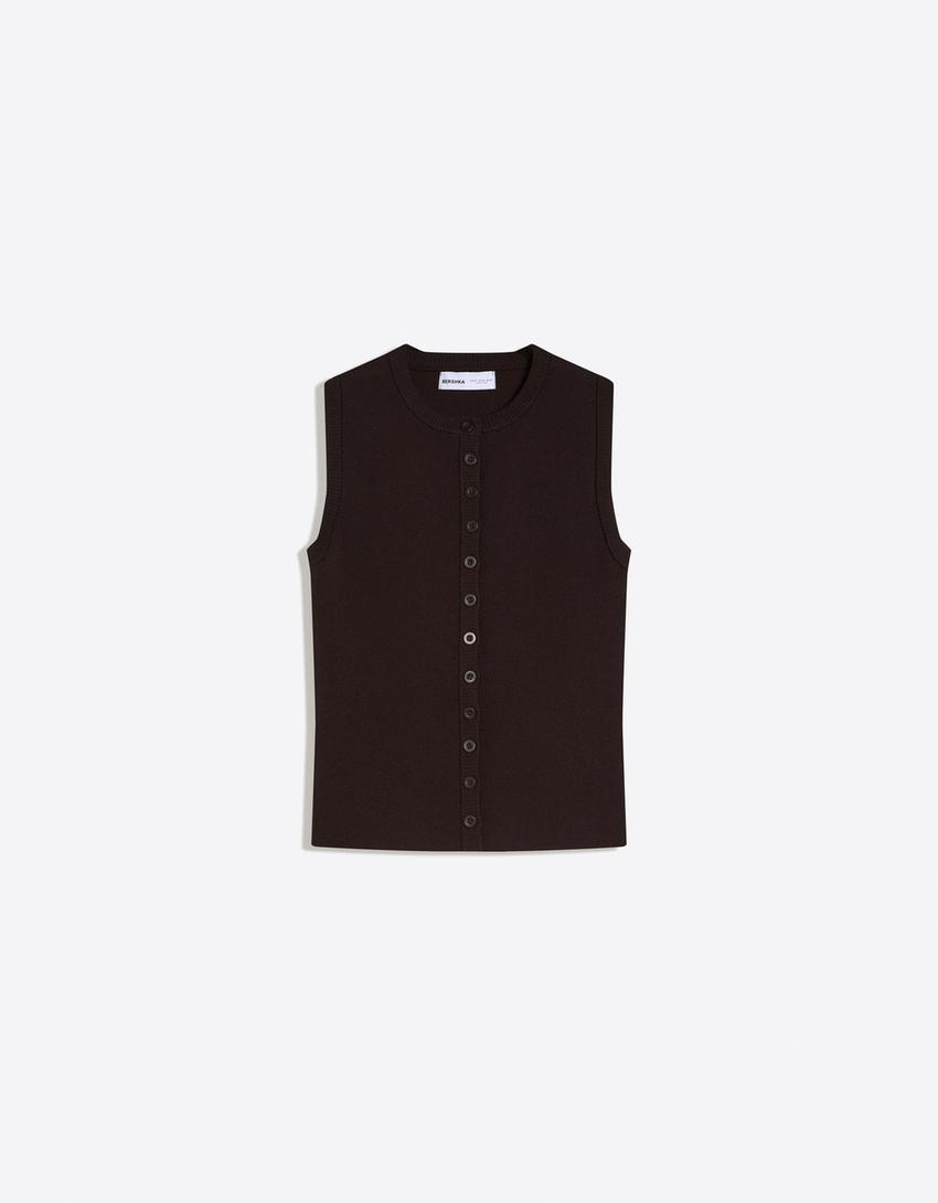 Round neck button-up vest-Brown