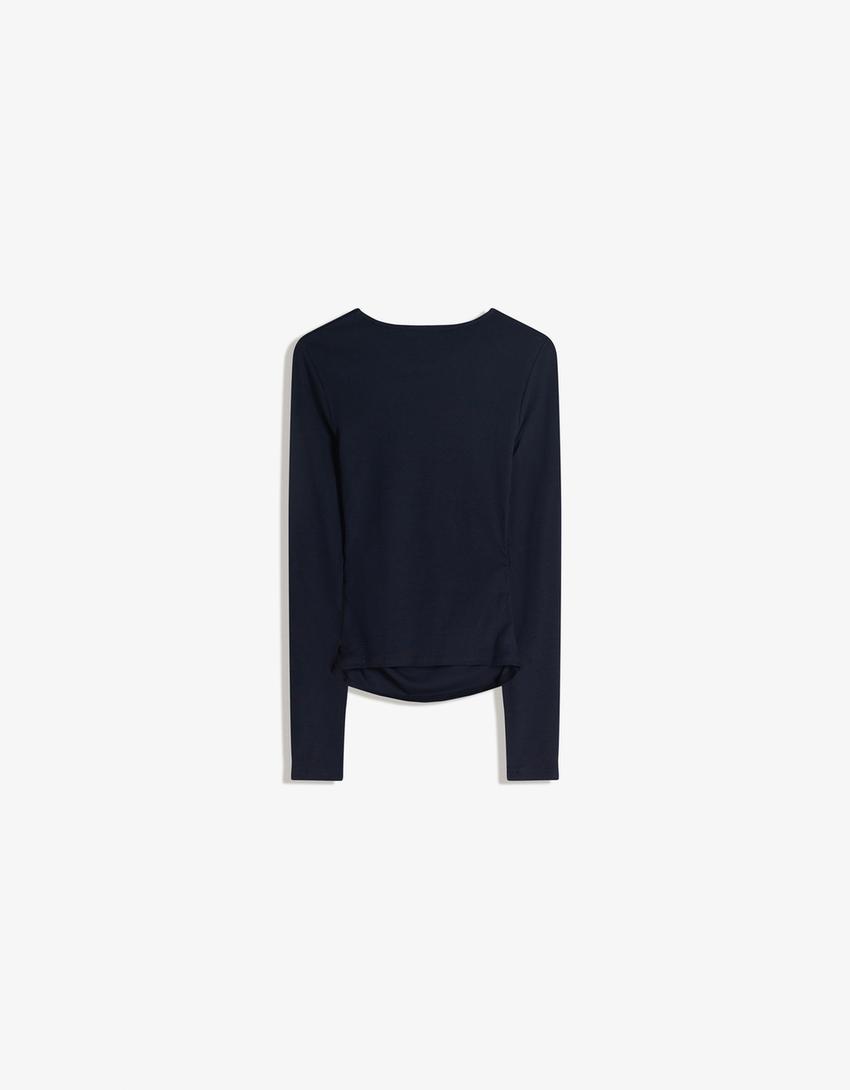 Long sleeve ruched print T-shirt-Navy