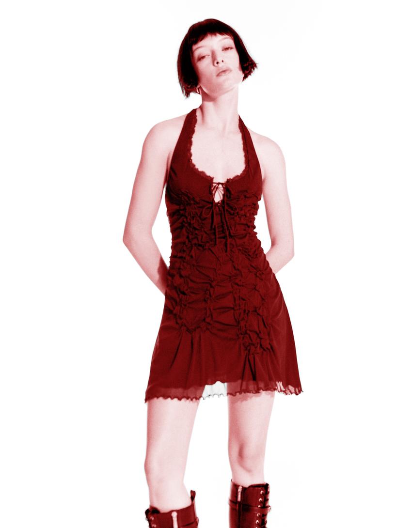 Gathered lace mini dress-Maroon