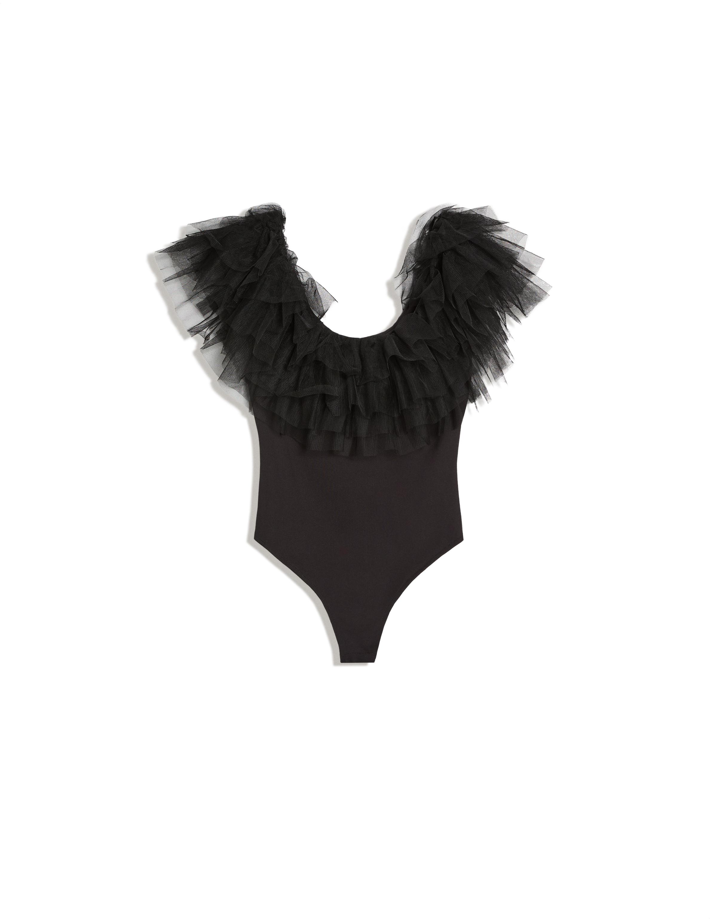 Tulle bodysuit with ruffles — Black