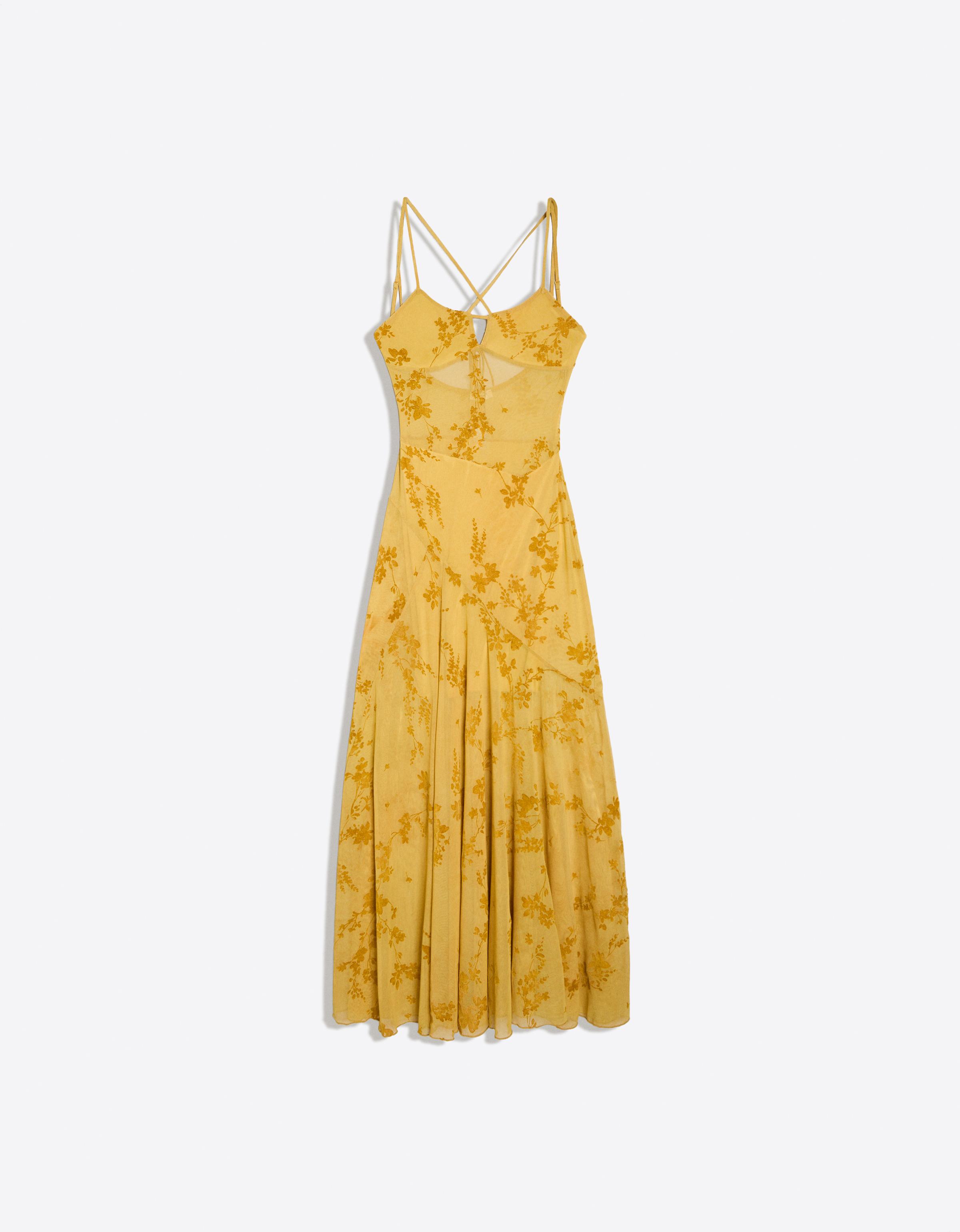 Bershka Vestido Midi Tirantes Tul Flocado Mujer Mostaza