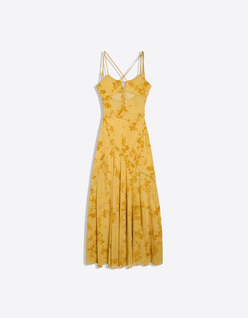 Flocked tulle strappy midi dress-Mustard
