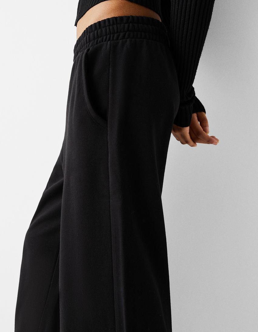 بنطلون من نسيج البلش بساق عريضة-أسود-5