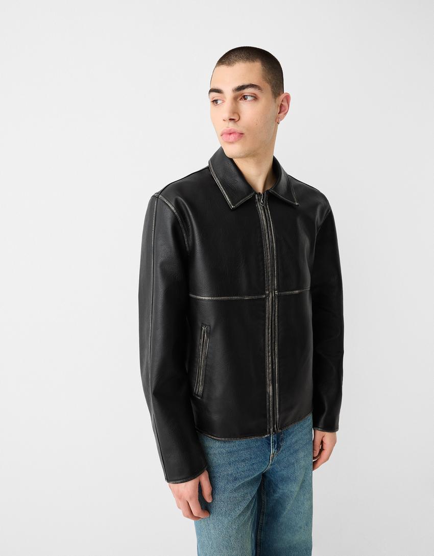 Шофьорско яке от изкуствена кожа-Черно-2