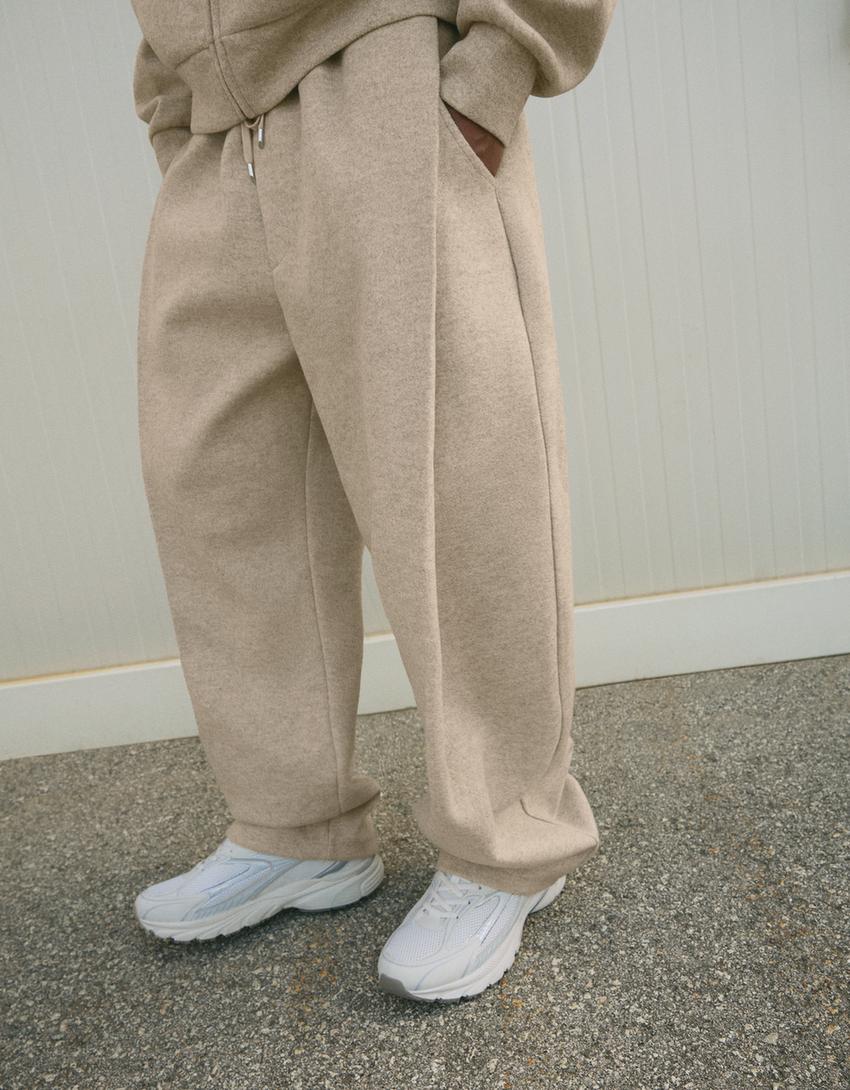 Balloon fit broek van synthetische wol met bandplooien-Zand