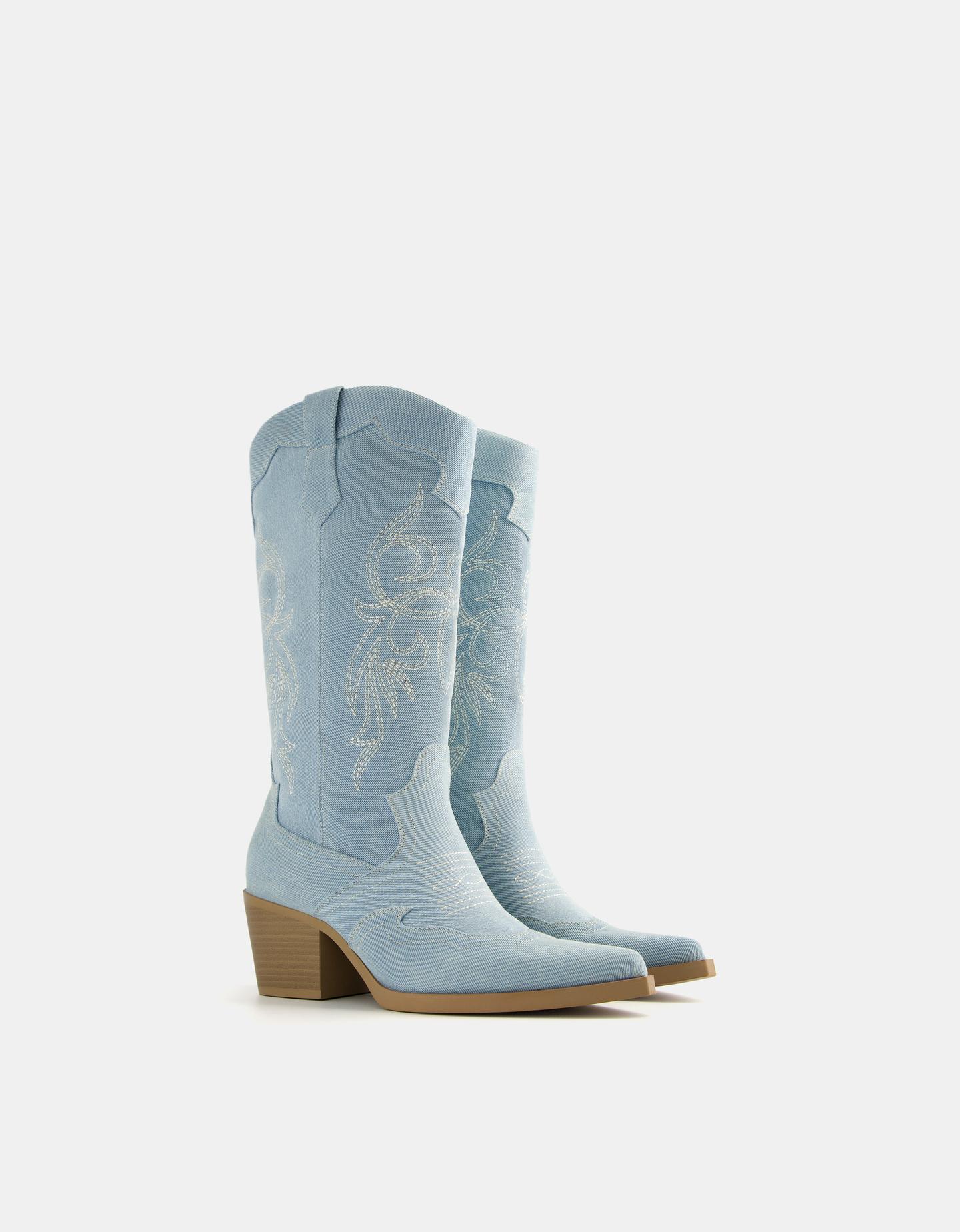 Bershka Jeans-Absatzstiefel Im Cowboylook Damen 37 Ausgewaschenes Blau günstig online kaufen